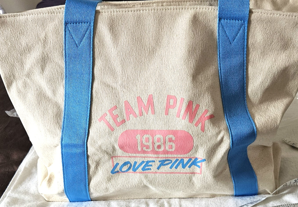Victoria’s Secret TEAM PINK 1986 LOVE PINK Canvas Beach Tote Bag w/ top zip